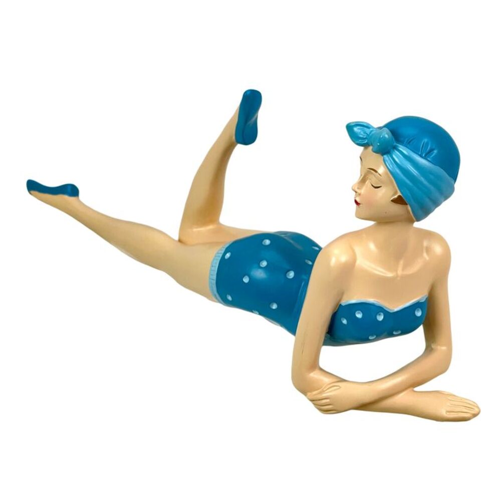 Retro Beach Beauty Sunbathing Figurine Aegean Blue Polka Dot 13.25 inch